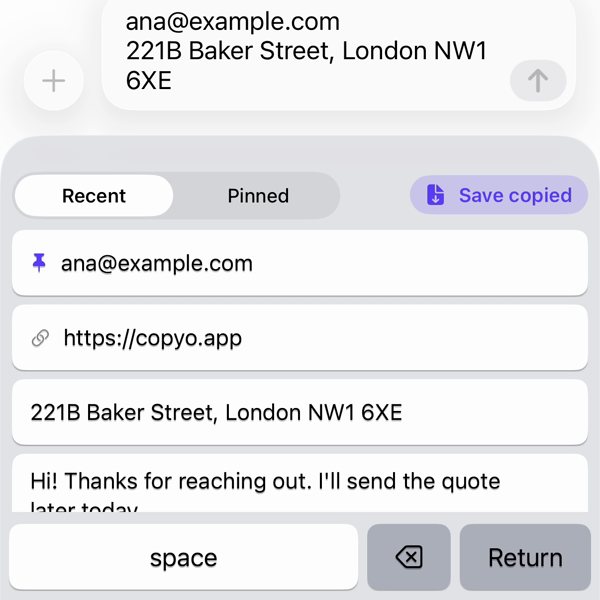The Copyo keyboard open in Messages, with an e-mail already pasted into the field.