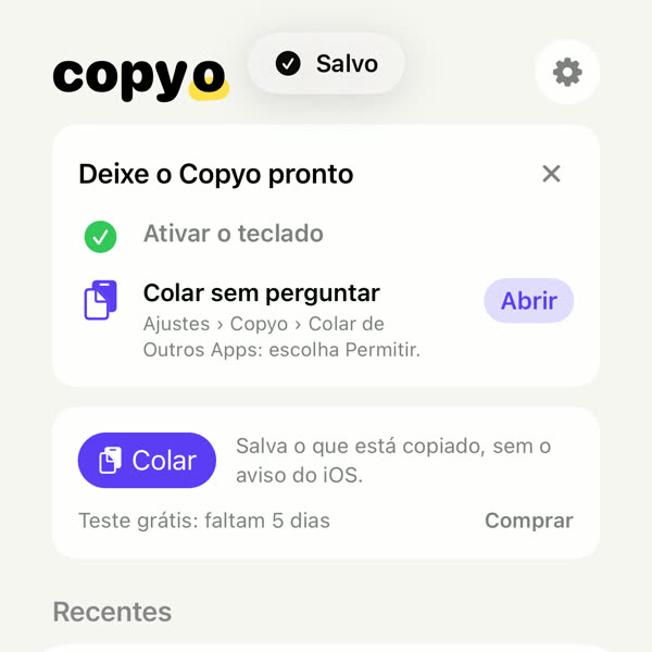 The Copyo app showing a “Saved” toast and the freshly copied item at the top of the history.